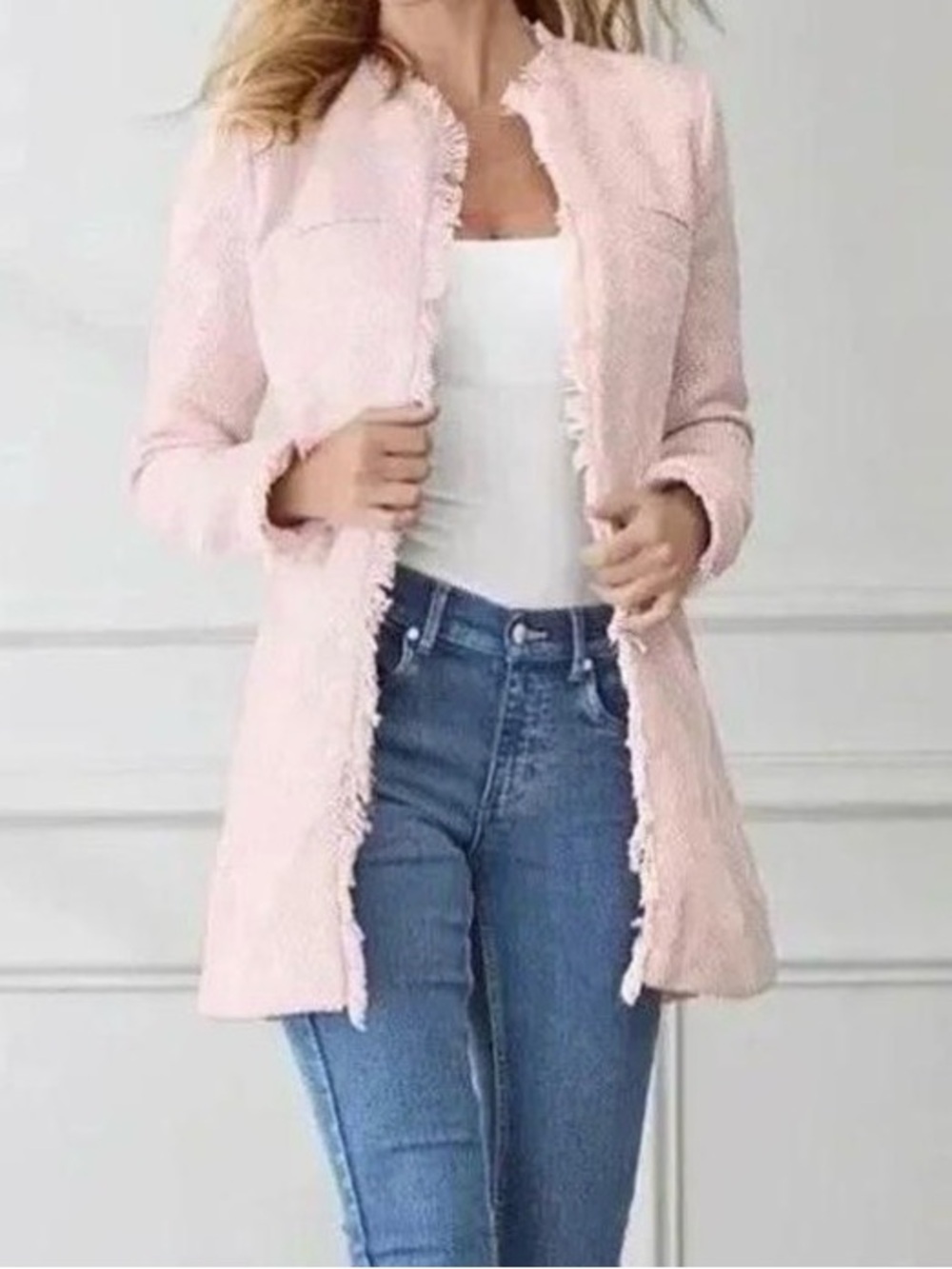 VENUS Soft Pink Bouclé Fringe-Trim Tweed long blazer